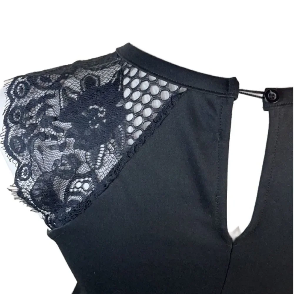 Anthropologie Elodie Fit & Flare Black Dress w/ Lace Floral Sleeves (Small) - Picture 7 of 16